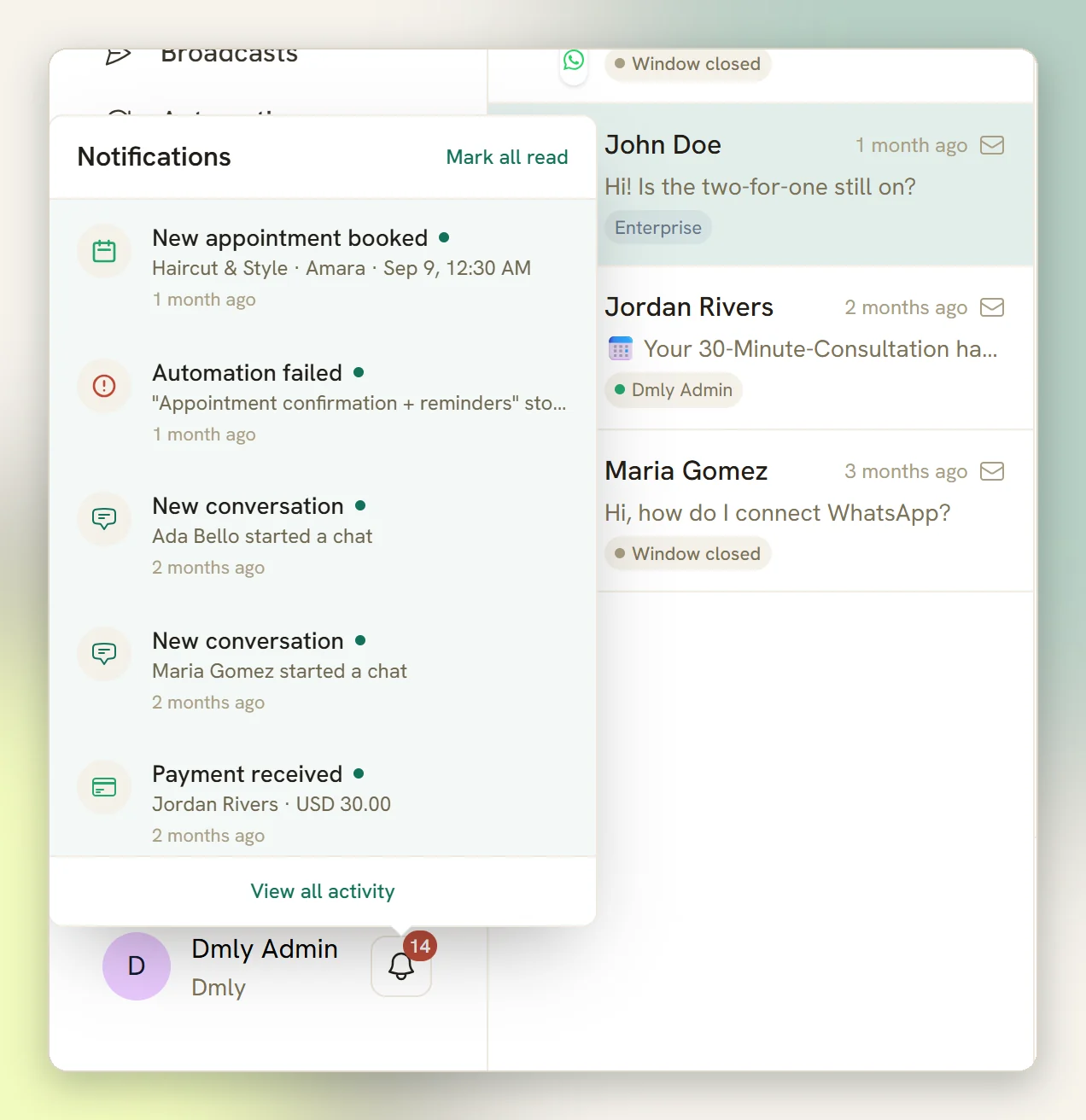 The notification feed open from the bell at the bottom of the sidebar, listing recent alerts