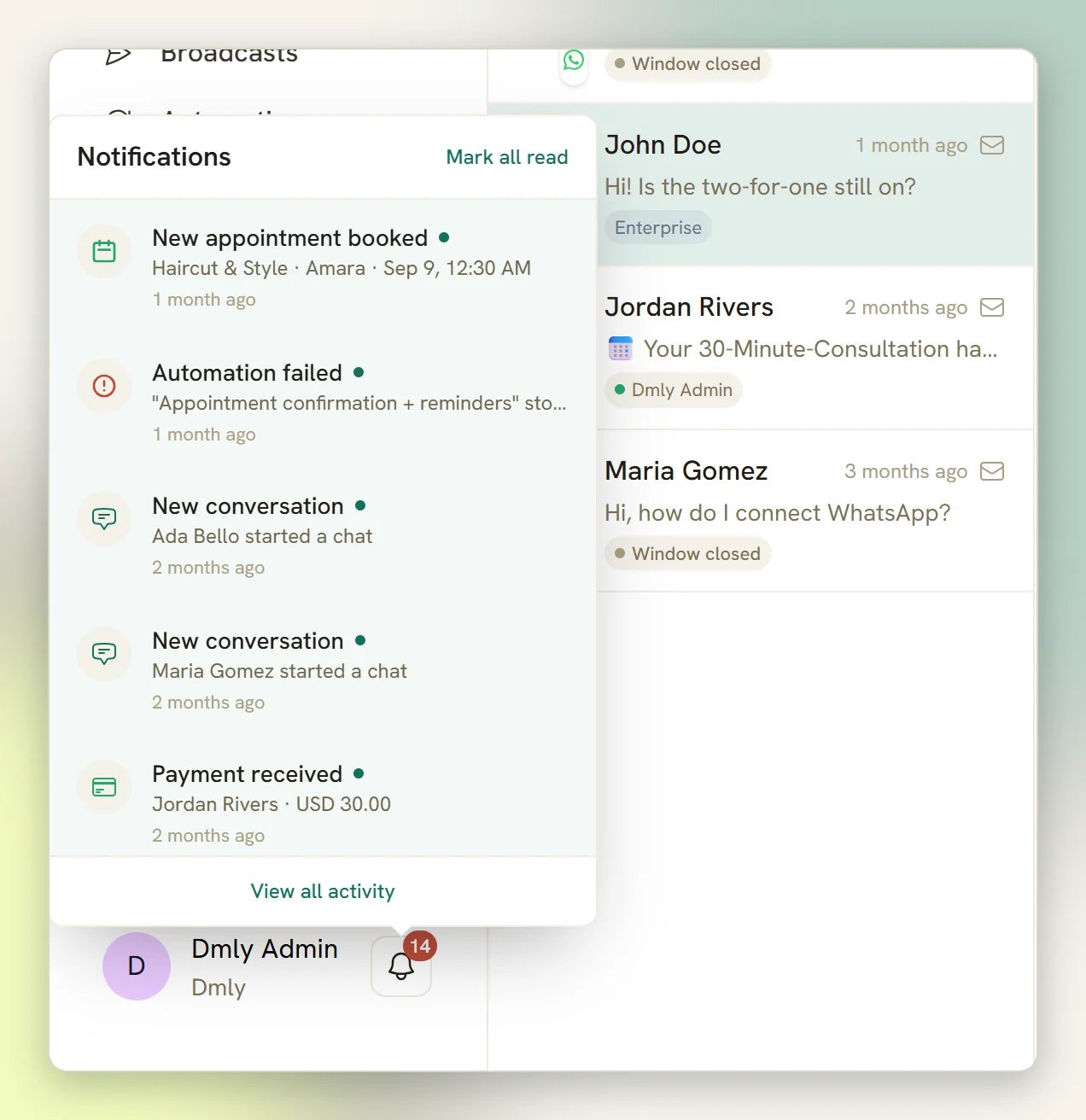 The notification feed open from the bell at the bottom of the sidebar, listing recent alerts