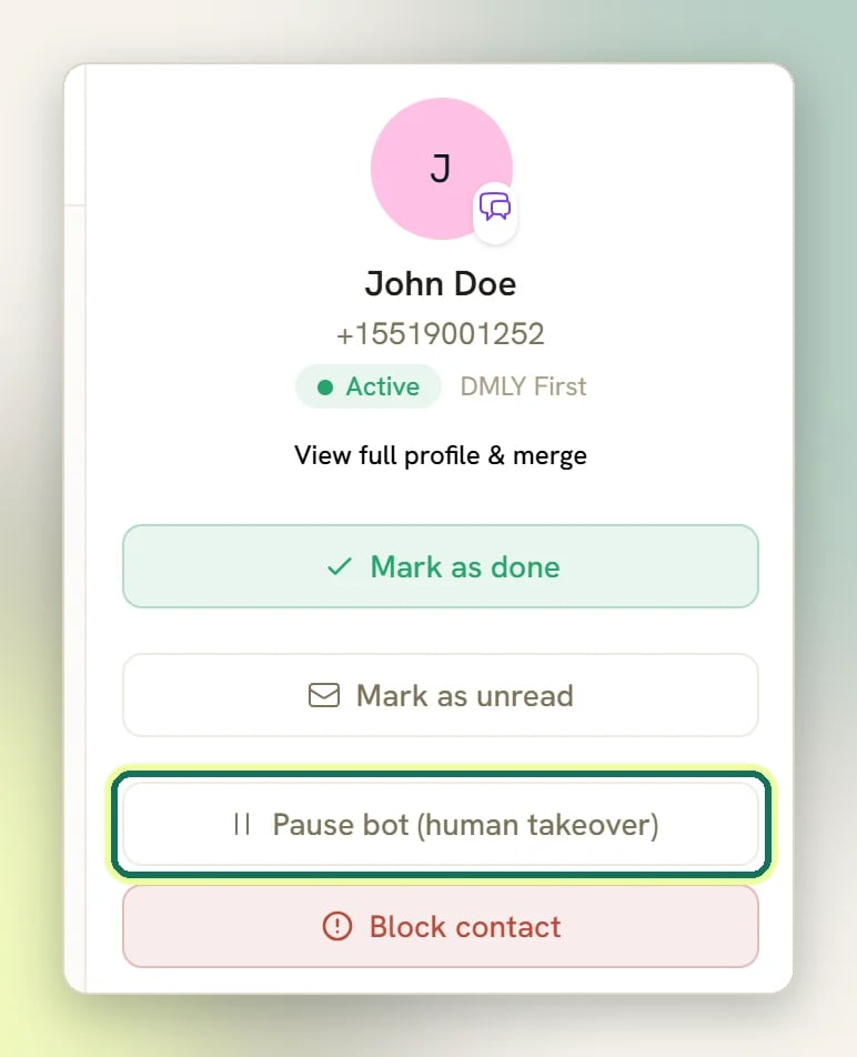 The details panel with the Pause bot (human takeover) button highlighted