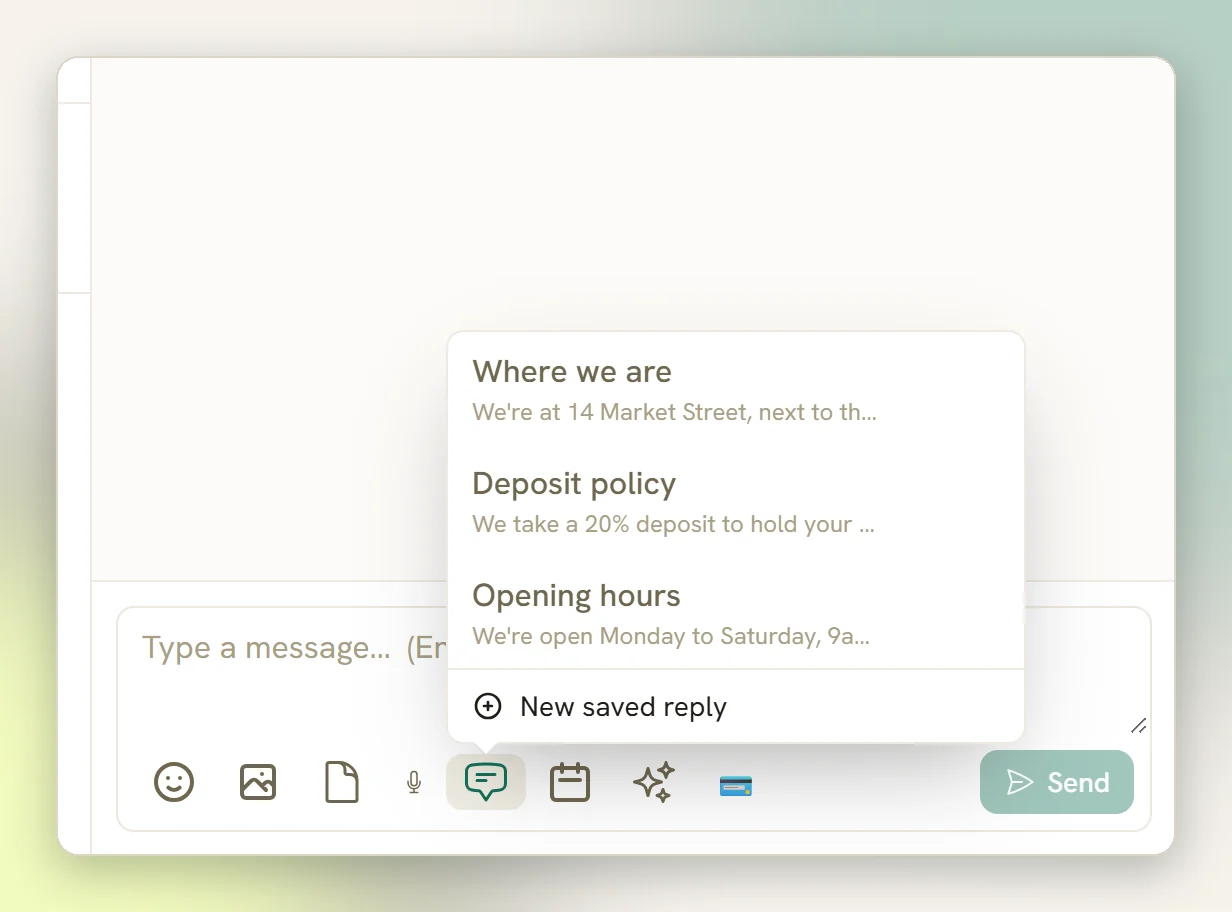 The Saved replies list open above the reply box, with three replies and New saved reply at the bottom