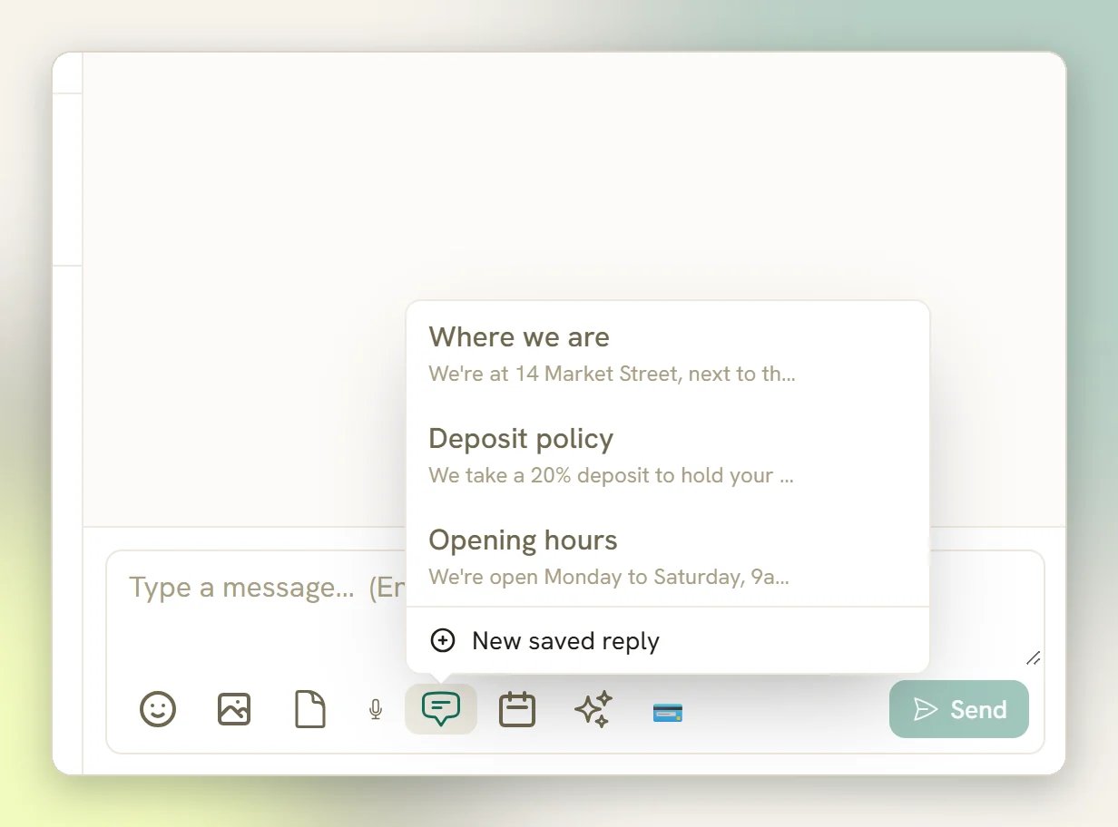 The Saved replies list open above the reply box, with three replies and New saved reply at the bottom
