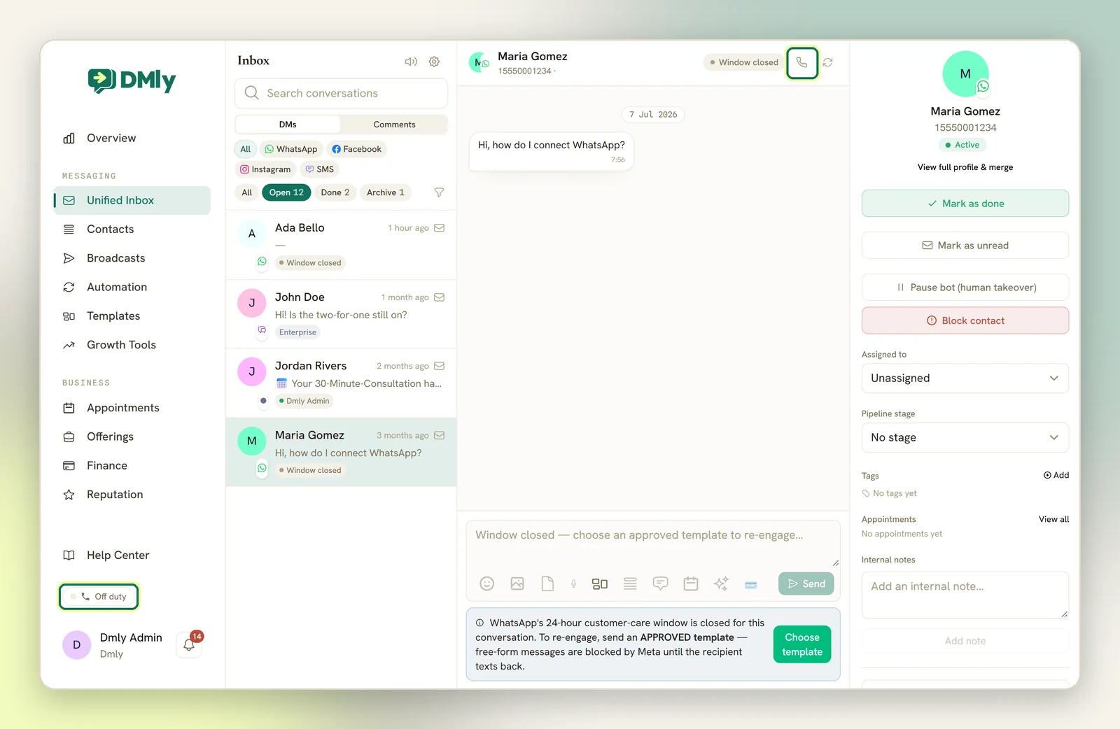 A WhatsApp conversation with the call button in the header highlighted, and the Off duty toggle in the sidebar highlighted