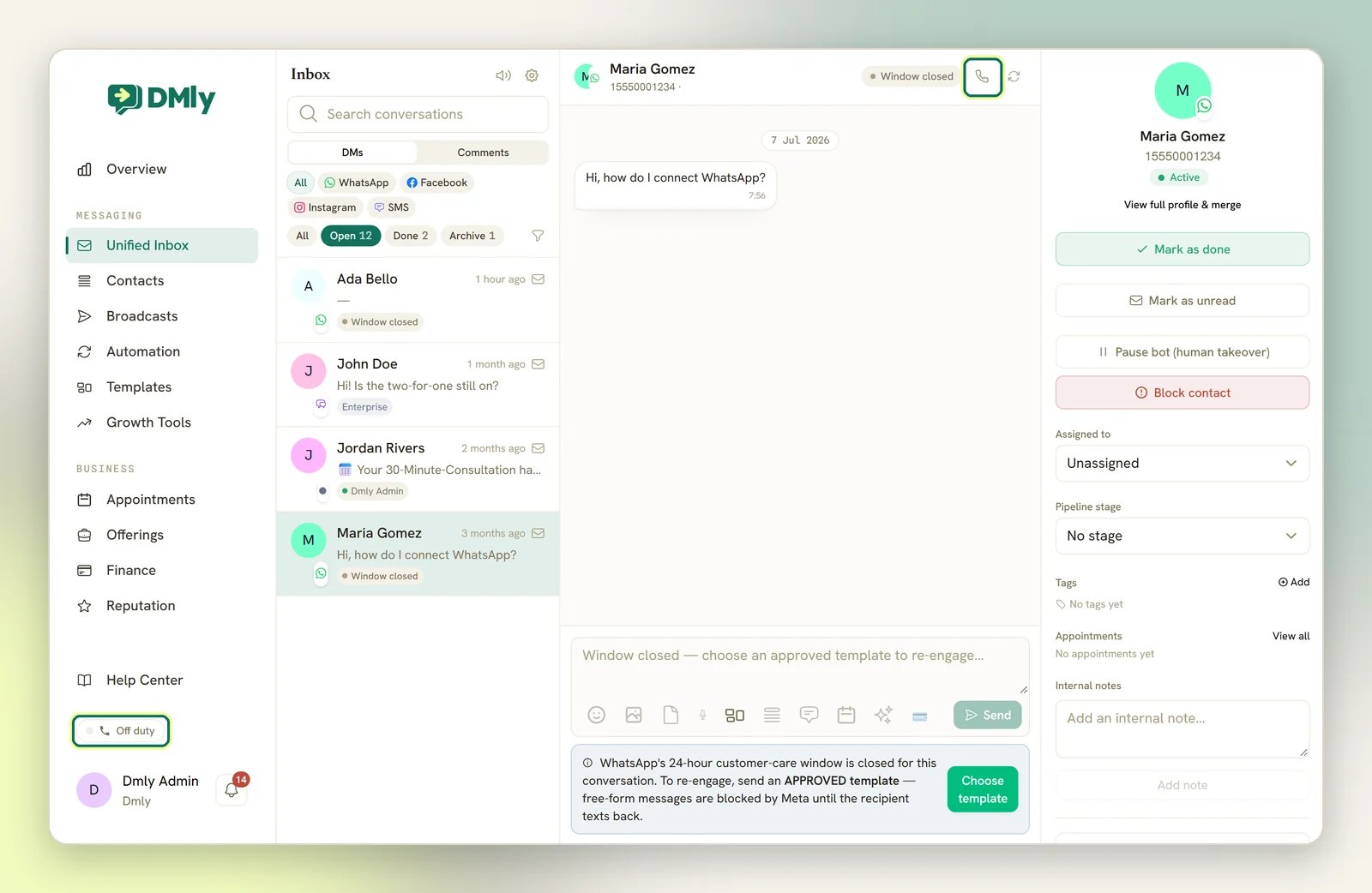 A WhatsApp conversation with the call button in the header highlighted, and the Off duty toggle in the sidebar highlighted