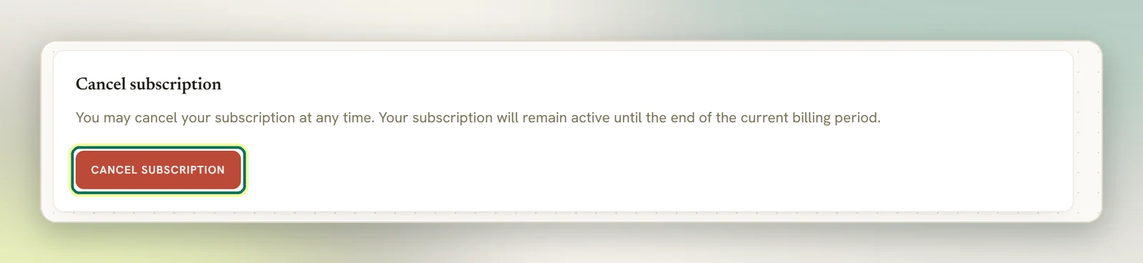The Cancel subscription panel at the bottom of Billing with the Cancel subscription button highlighted