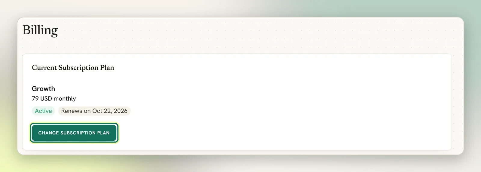 The Current Subscription Plan panel on Billing with the Change subscription plan button highlighted