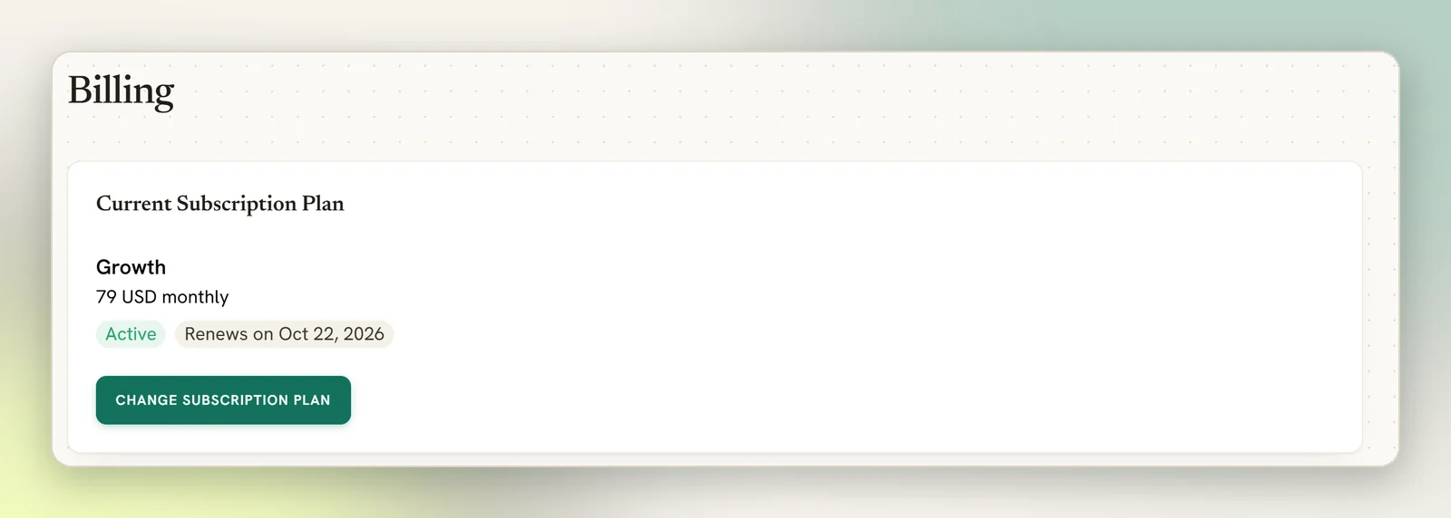 The Billing page with the Current Subscription Plan panel showing the Growth plan at 79 USD monthly, an Active badge, the renewal date and the Change subscription plan button