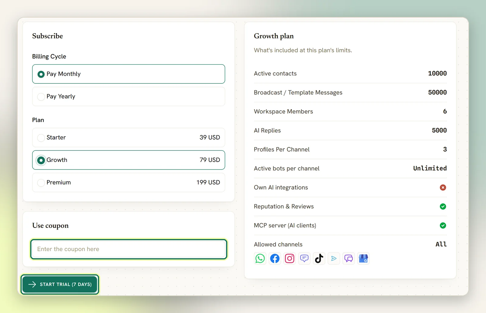 The Change subscription plan page with the Use coupon field and the Start trial (7 days) button highlighted