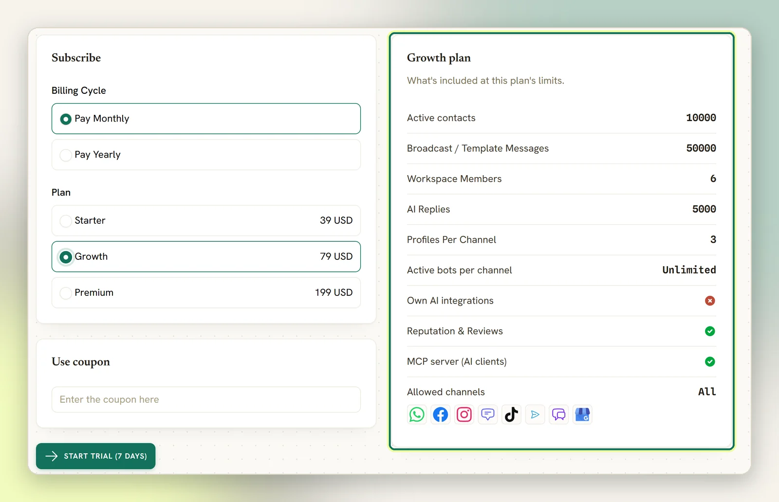 The Change subscription plan page with Growth selected and the panel on the right listing what the Growth plan includes, highlighted