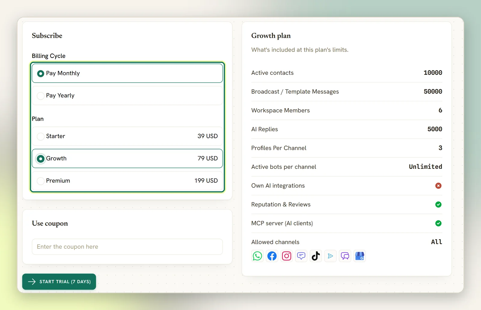The Change subscription plan page with the Billing Cycle and Plan choices highlighted, Pay Monthly and Growth selected, and the Growth plan panel on the right