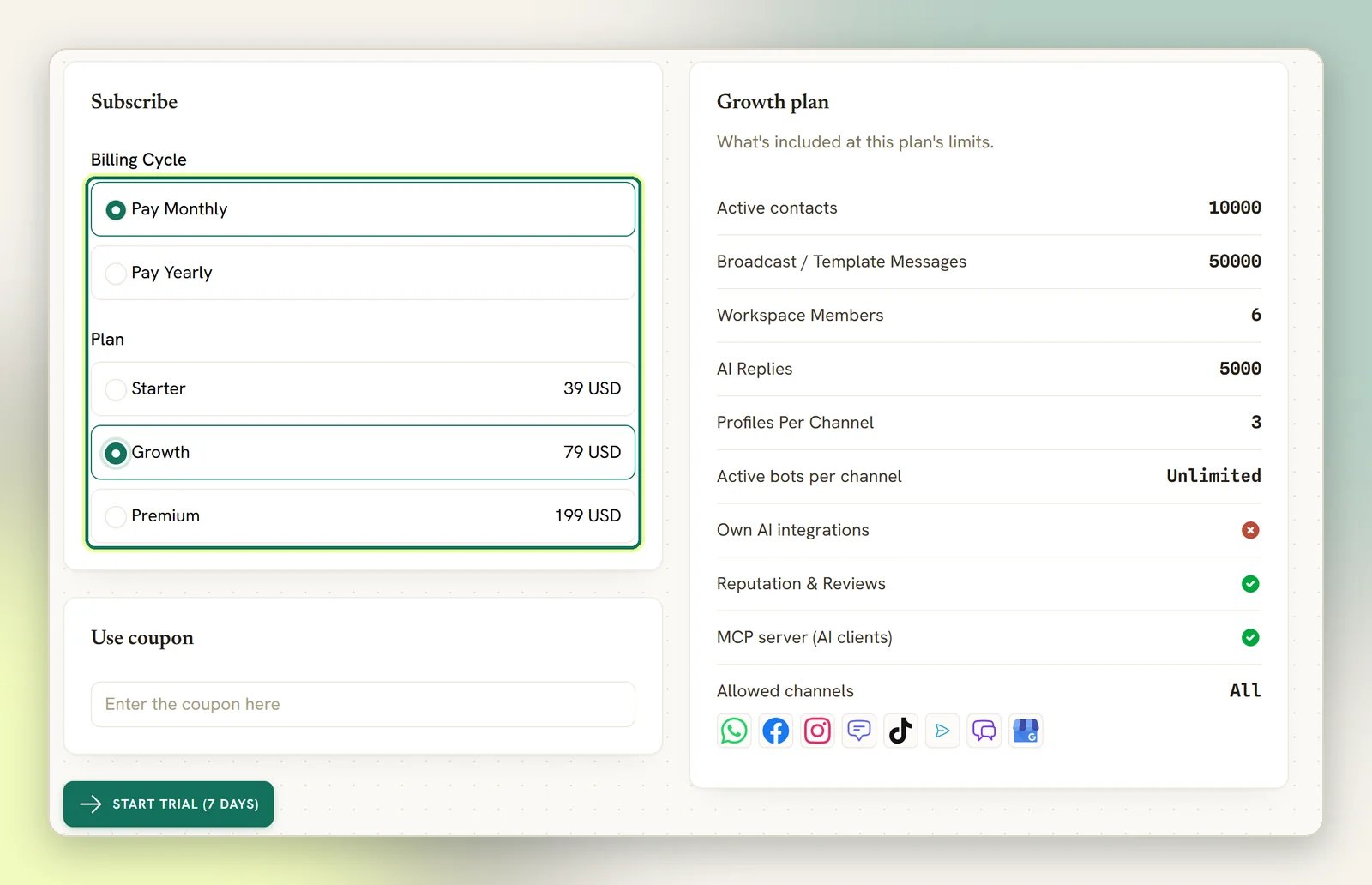 The Change subscription plan page with the Billing Cycle and Plan choices highlighted, Pay Monthly and Growth selected, and the Growth plan panel on the right