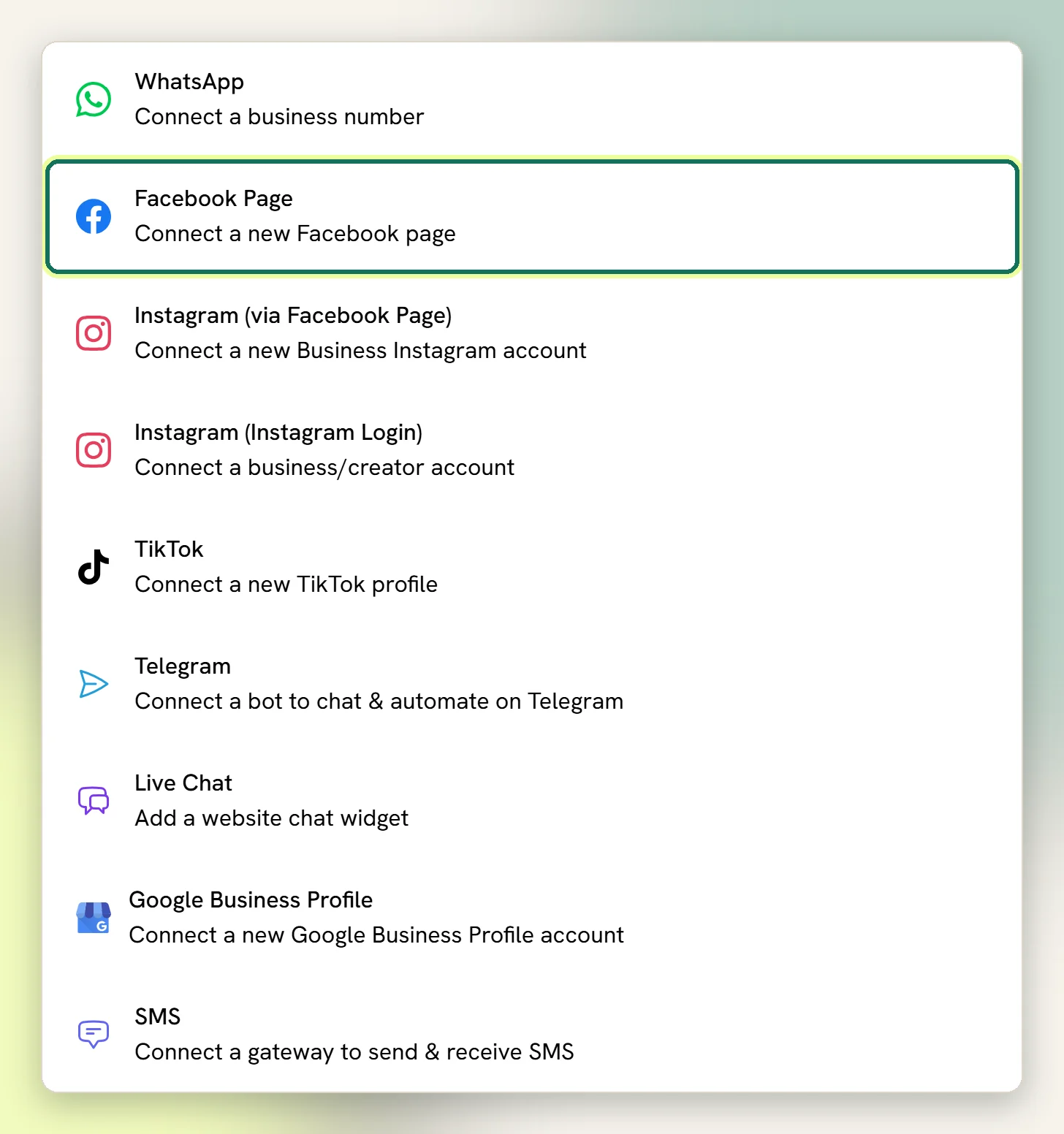 The Add account list with the Facebook Page option highlighted