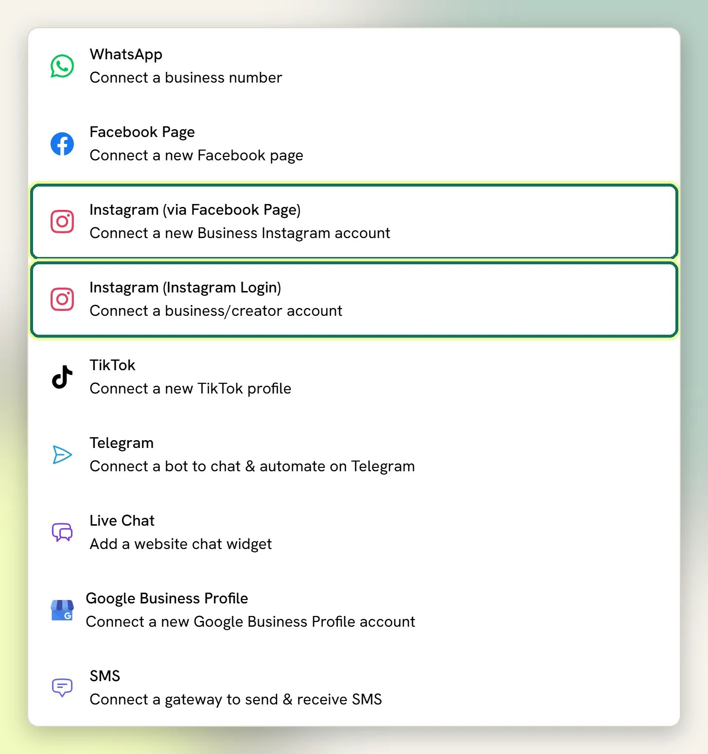 The Add account list with both Instagram options highlighted: Instagram (via Facebook Page) and Instagram (Instagram Login)