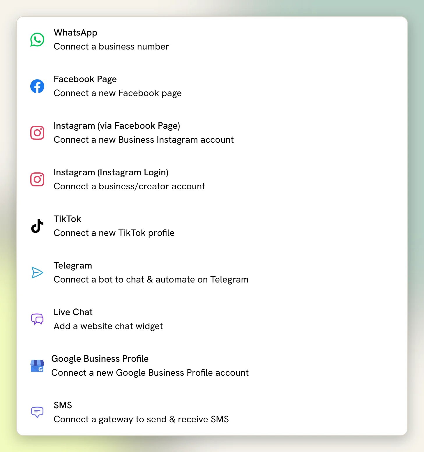 The Add account list under Integrations, showing WhatsApp, Facebook Page, Instagram (via Facebook Page), Instagram (Instagram Login), TikTok, Telegram, Live Chat, Google Business Profile and SMS