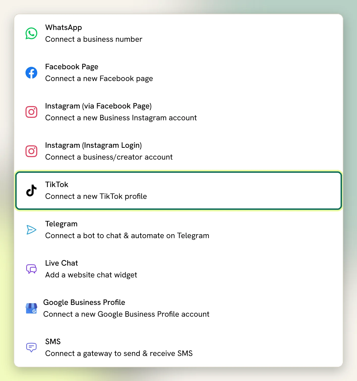 The Add account list with the TikTok option highlighted