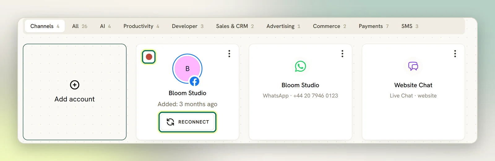 The Channels tab under Integrations, where a Facebook Page card shows a red dot and a Reconnect button, both highlighted