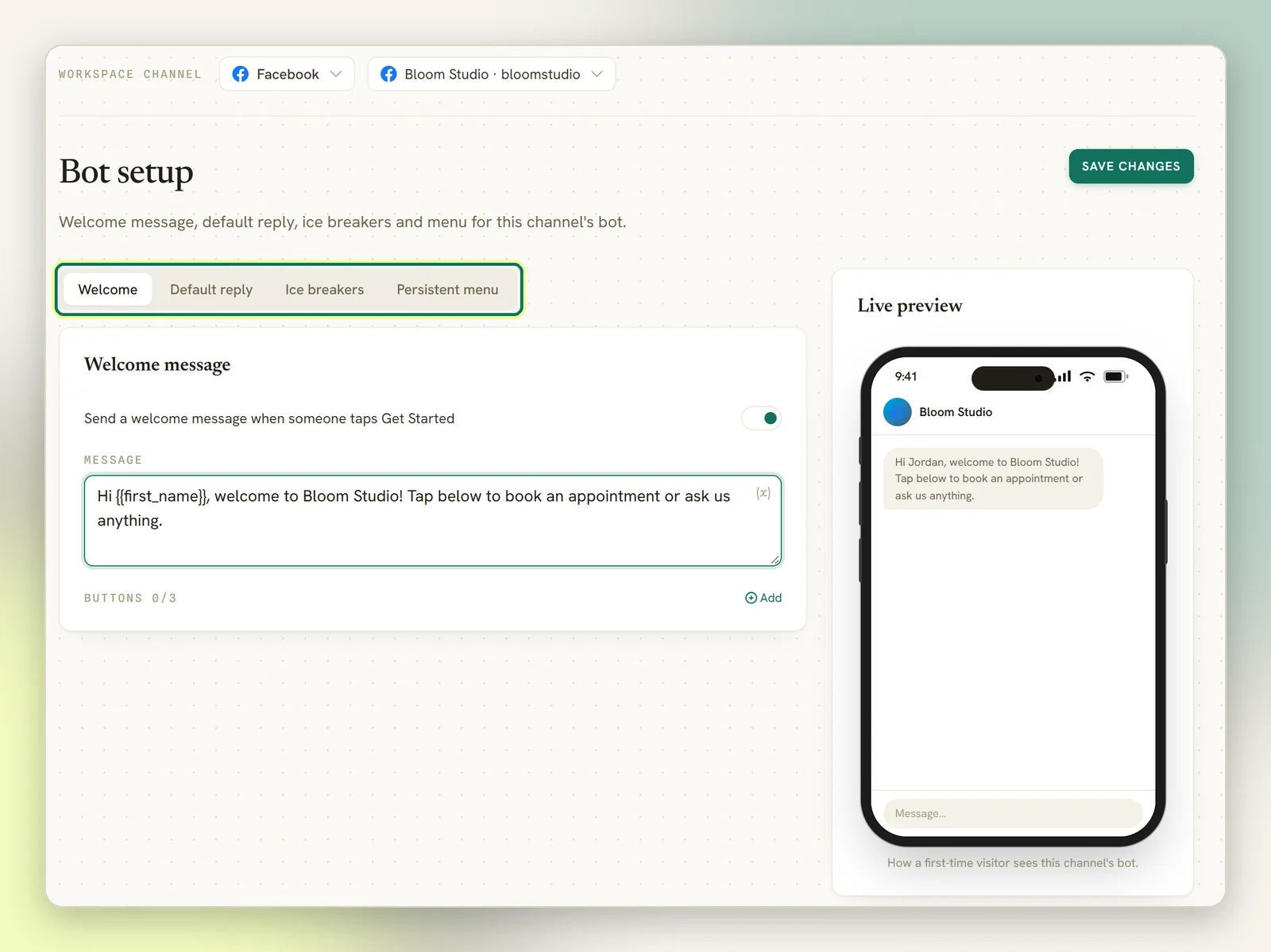 Bot setup for a Facebook Page with the Welcome, Default reply, Ice breakers and Persistent menu tabs highlighted, a welcome message filled in and the live preview on the right
