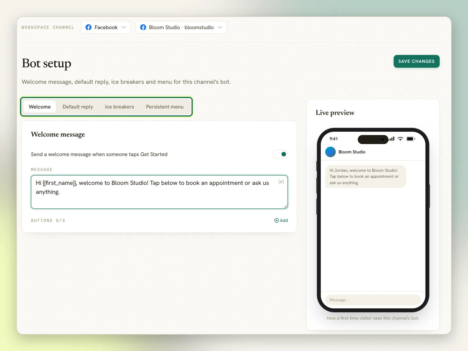 Bot setup for a Facebook Page with the Welcome, Default reply, Ice breakers and Persistent menu tabs highlighted, a welcome message filled in and the live preview on the right