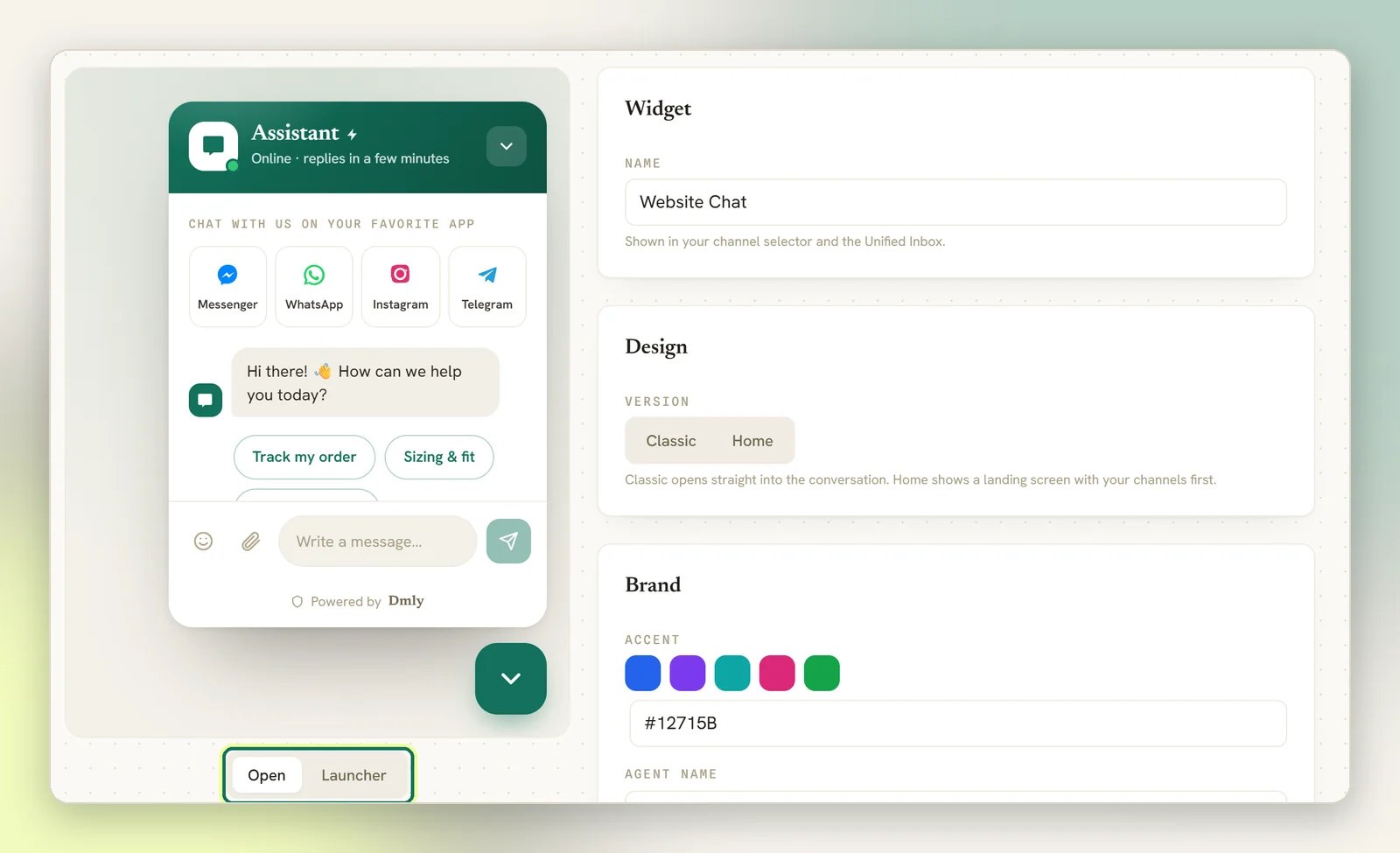 The Live Chat widget customizer with the live preview of the open widget, the Open and Launcher toggle highlighted, and the Widget, Design and Brand panels