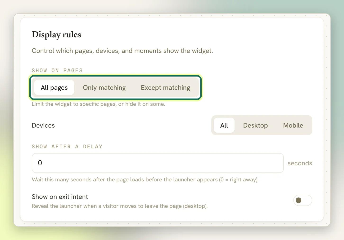 The Display rules panel with Show on pages highlighted and set to All pages, then Devices, Show after a delay and Show on exit intent