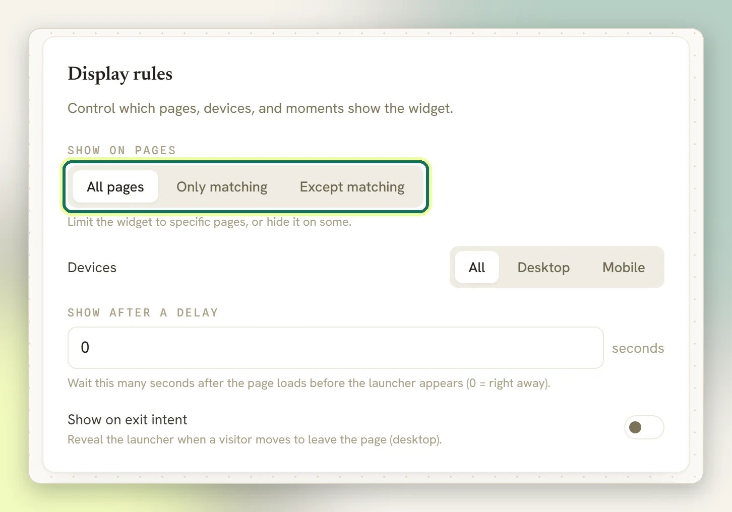 The Display rules panel with Show on pages highlighted and set to All pages, then Devices, Show after a delay and Show on exit intent