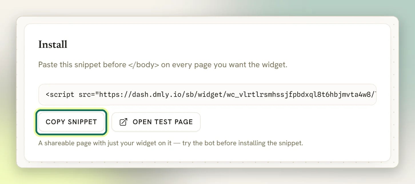 The Install panel of the Live Chat widget with the script snippet, the Copy snippet button highlighted and the Open test page button