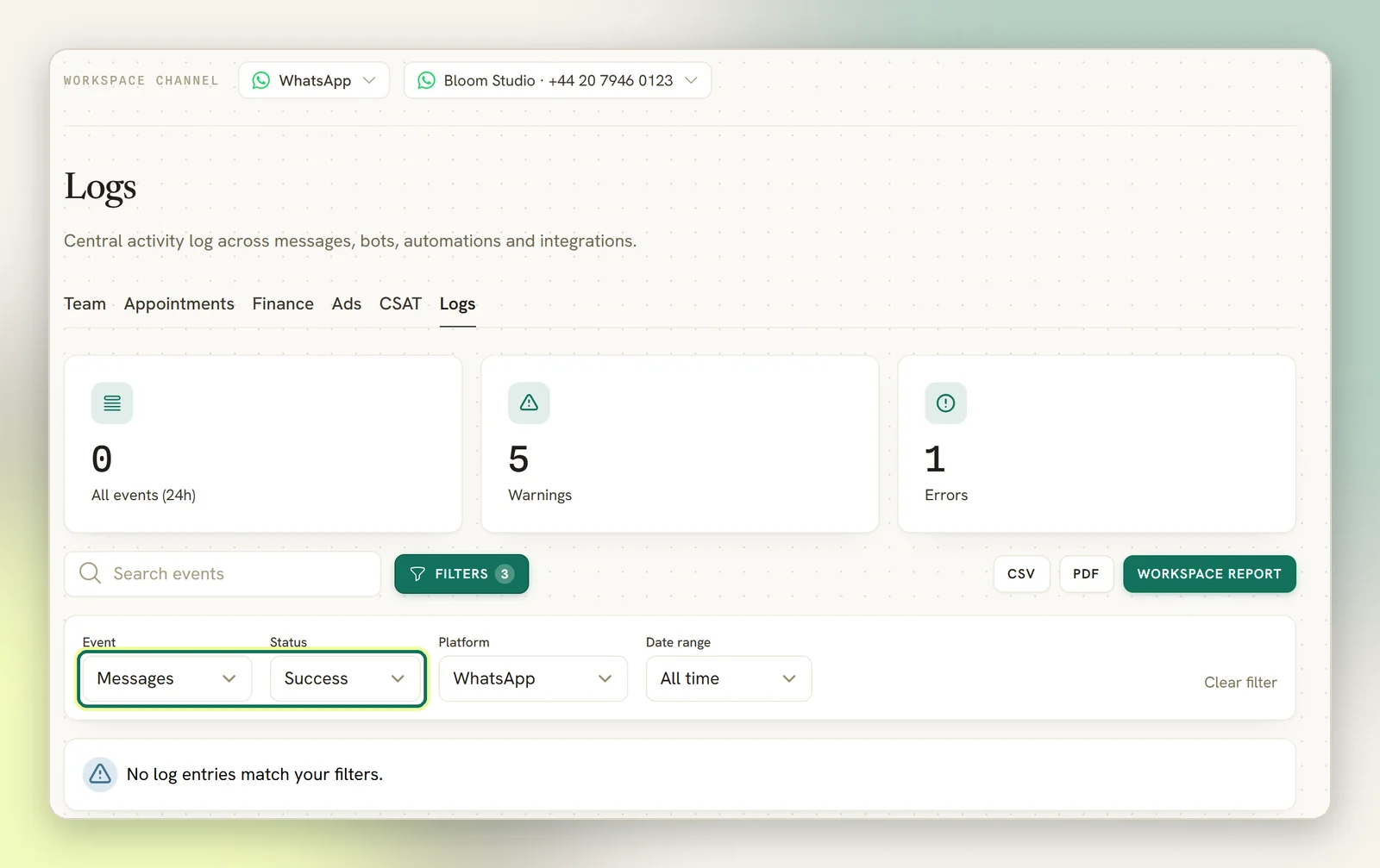 The Logs tab with a WhatsApp number selected and the Event and Status filters highlighted, set to Messages and Success, showing no log entries