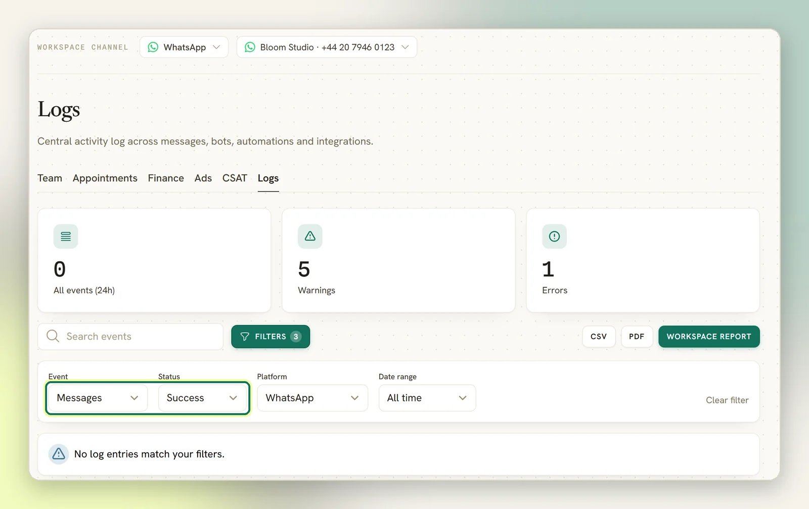 The Logs tab with a WhatsApp number selected and the Event and Status filters highlighted, set to Messages and Success, showing no log entries