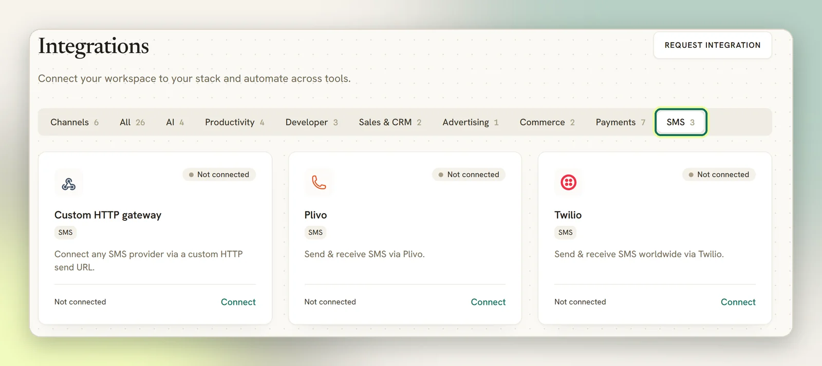The Integrations page on the SMS tab, highlighted, with the Custom HTTP gateway, Plivo and Twilio cards