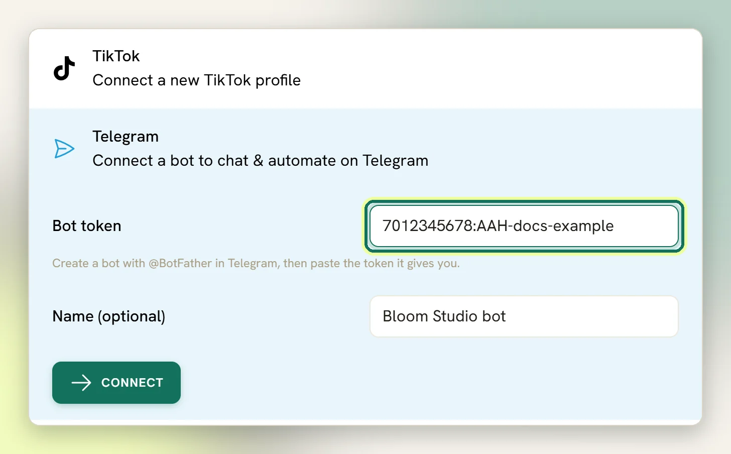 The Telegram option opened in the Add account list, with an example token in the Bot token field highlighted, a name filled in and the Connect button