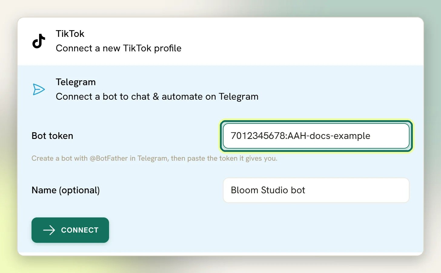 The Telegram option opened in the Add account list, with an example token in the Bot token field highlighted, a name filled in and the Connect button