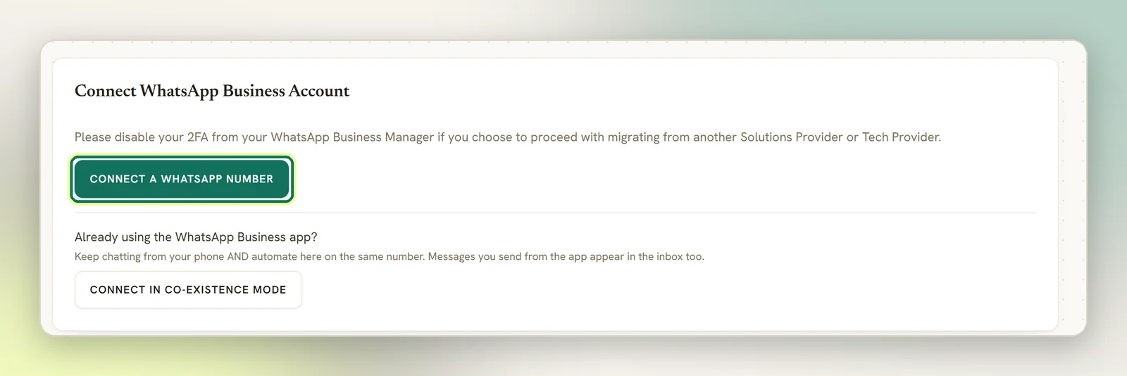 The Connect WhatsApp Business Account panel with the Connect a WhatsApp number button highlighted, above the co-existence option