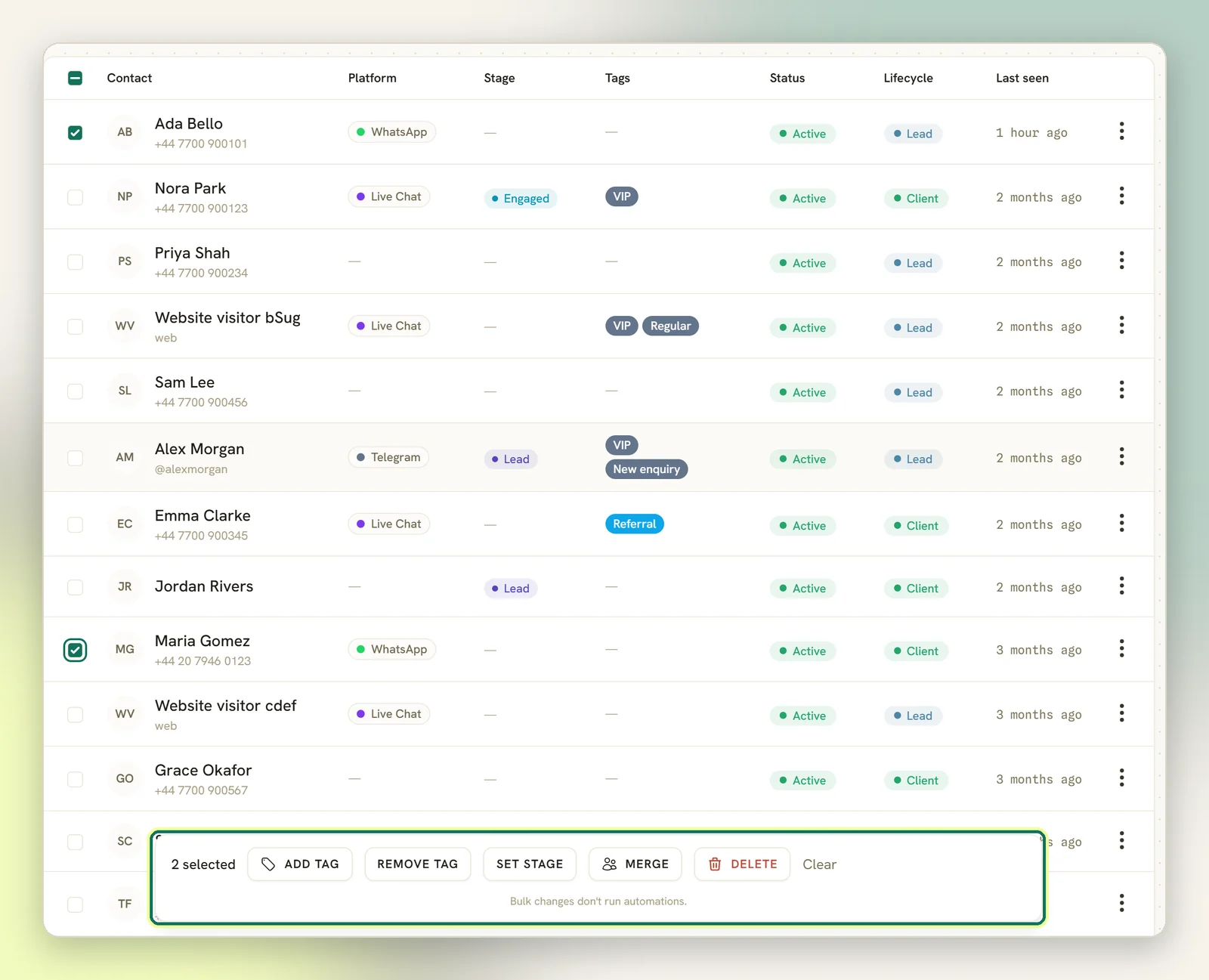 Two contacts ticked on the Contacts list and the bulk action bar showing 2 selected with Add tag, Remove tag, Set stage, Merge and Delete
