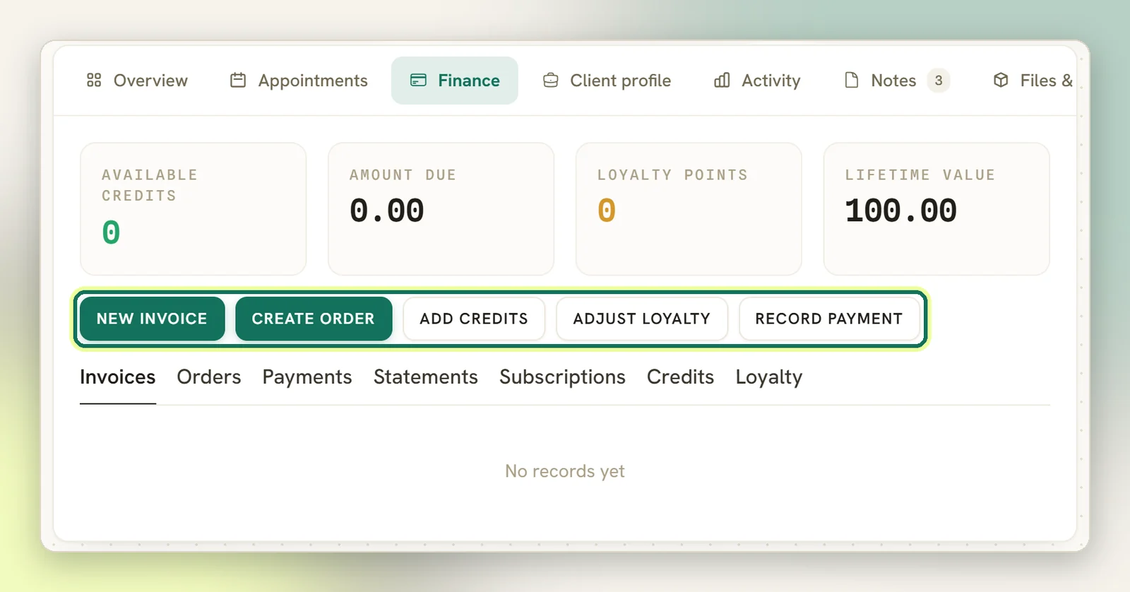 The Finance tab of a client profile with the money tiles, the five client action buttons highlighted, and the records tabs below