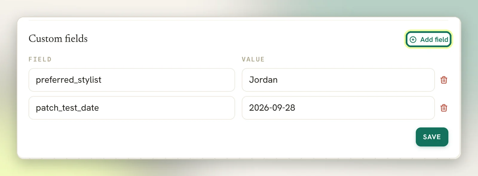 The Custom fields section on a contact with two field and value rows and the Add field button highlighted