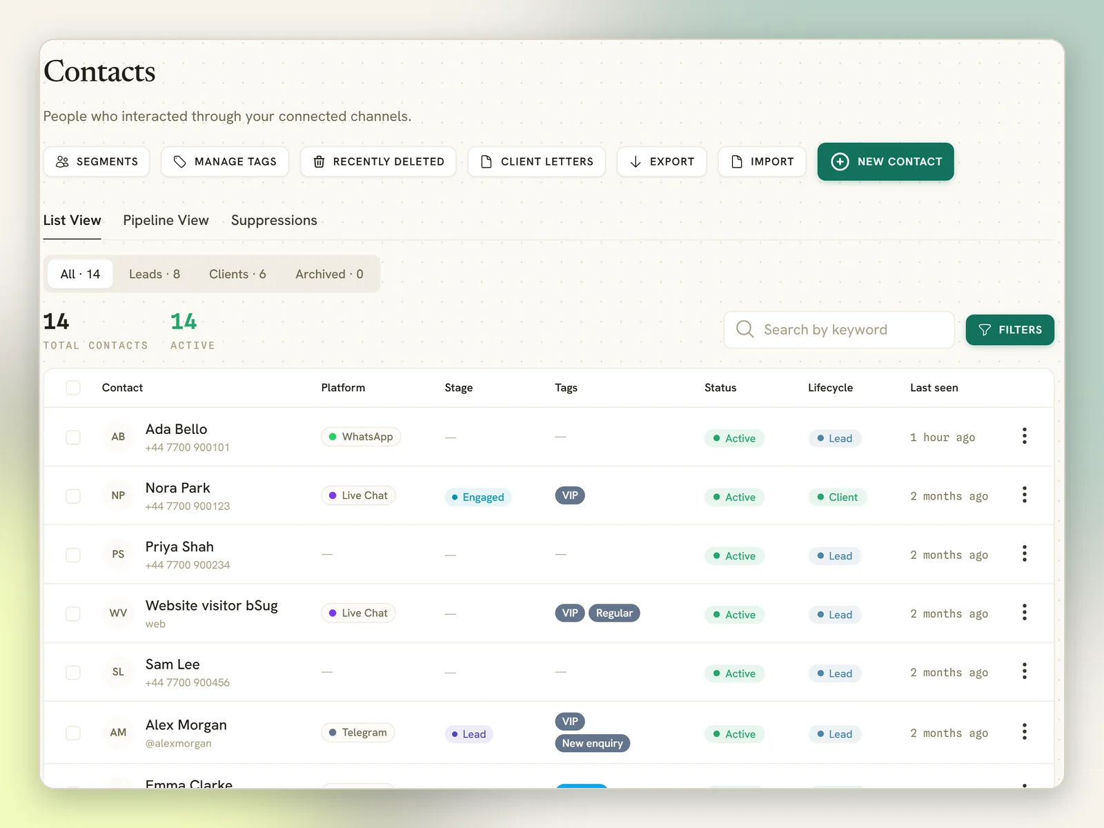The Contacts list with its header buttons, the All, Leads, Clients and Archived filter and a table of contacts showing platform, stage, tags, status and lifecycle