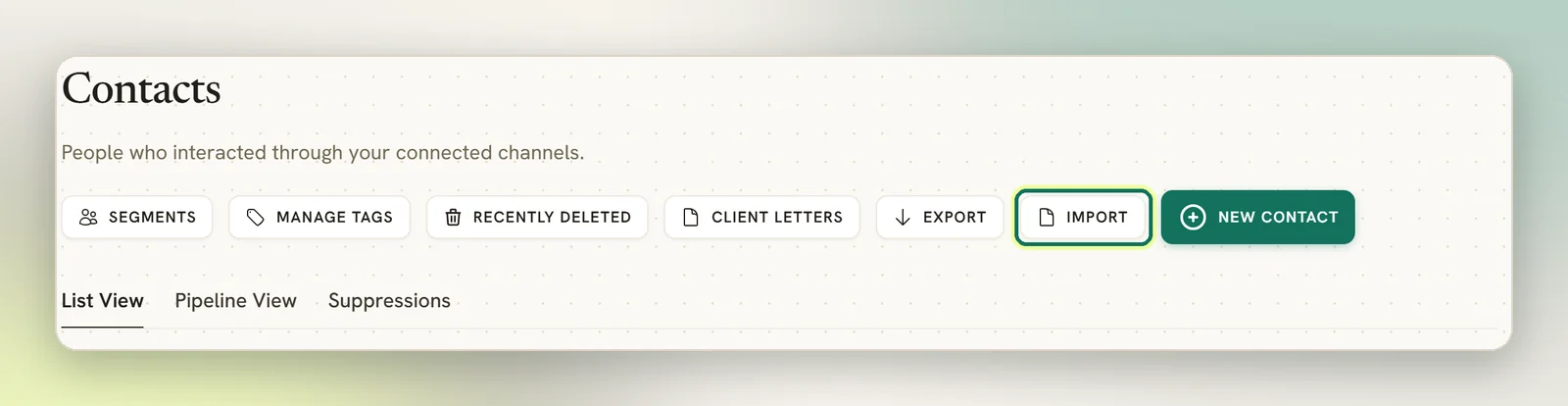 The Contacts header with the Import button highlighted