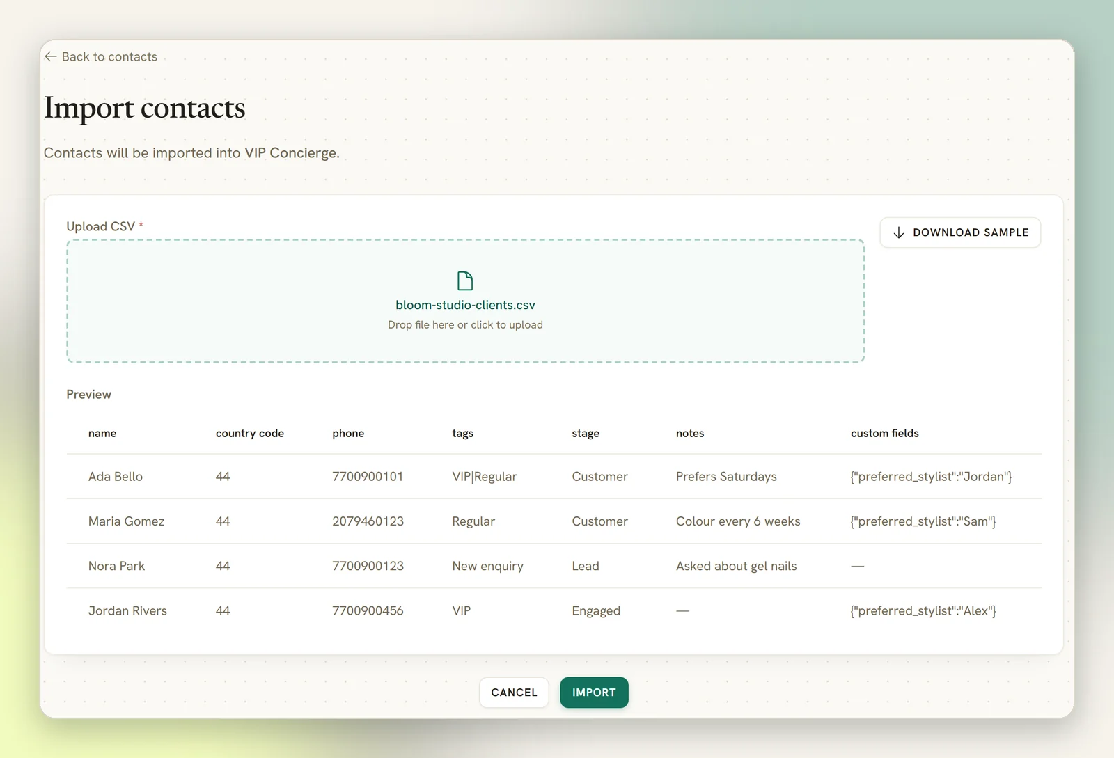 The Import contacts page with a CSV file chosen and the Preview table showing its first rows