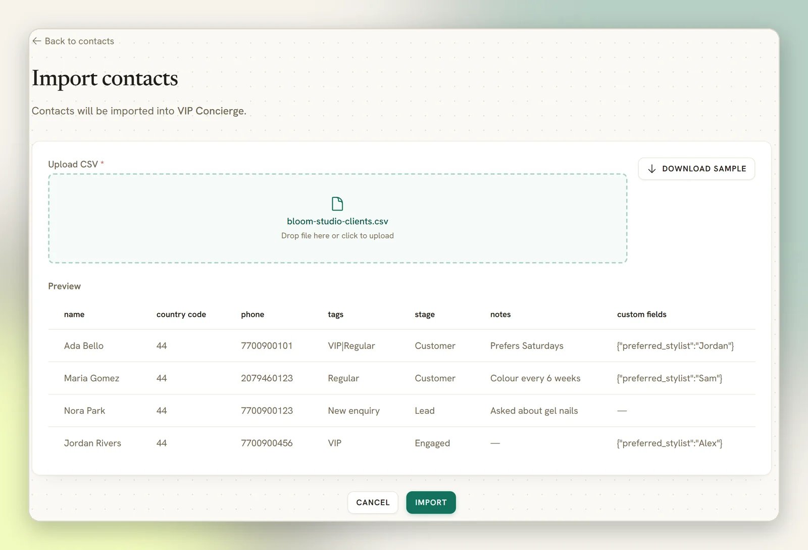 The Import contacts page with a CSV file chosen and the Preview table showing its first rows