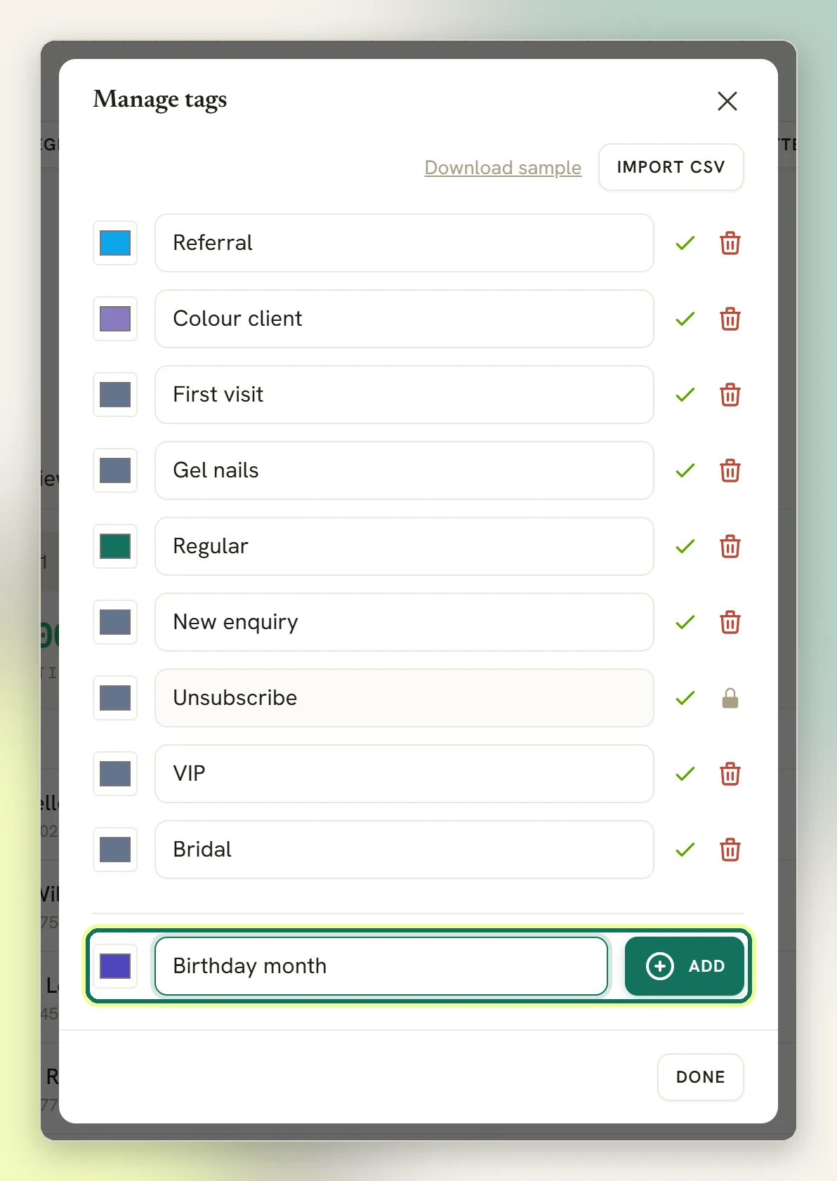 The Manage tags panel listing each tag with its colour, a save tick and a delete icon, with a new tag name typed into the add row at the bottom