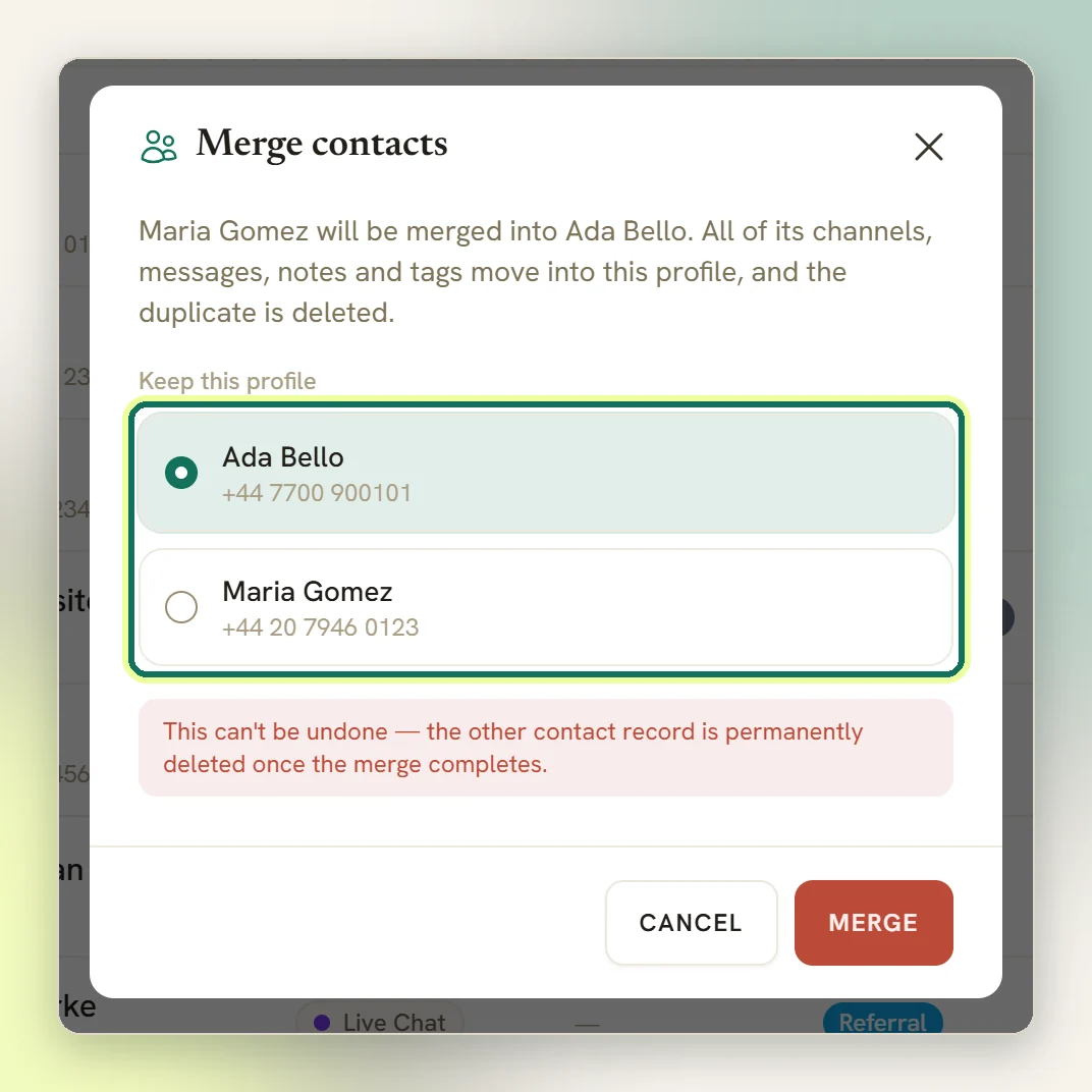 The Merge contacts modal with both profiles listed under Keep this profile and the first one selected