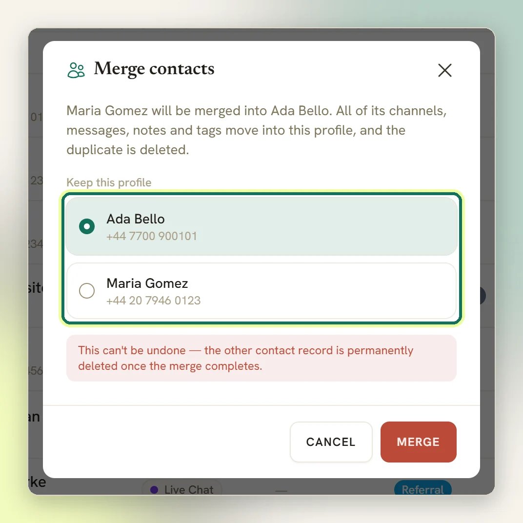 The Merge contacts modal with both profiles listed under Keep this profile and the first one selected