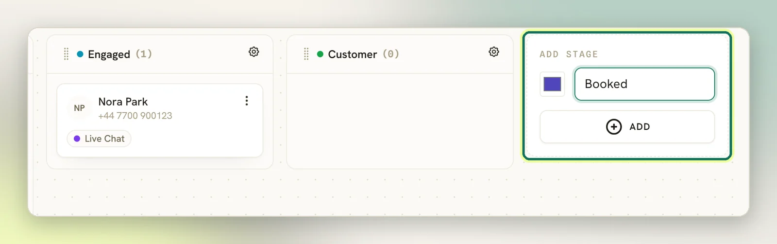 The Add stage panel at the end of the pipeline with a colour swatch, a stage name typed in and the Add button