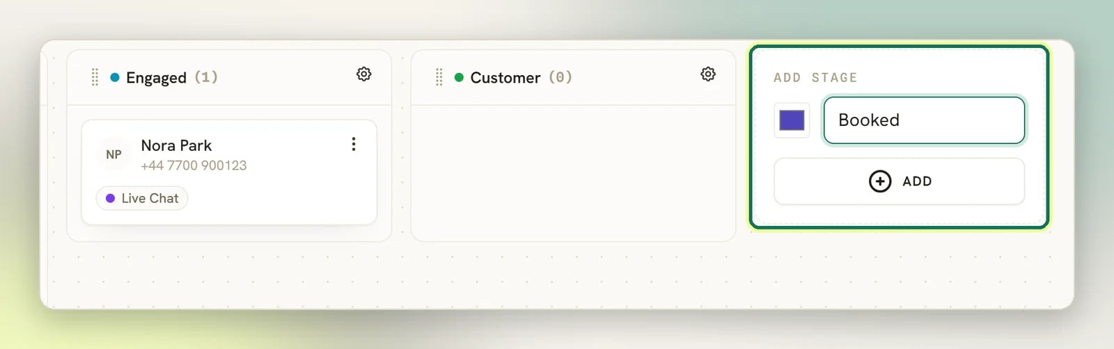 The Add stage panel at the end of the pipeline with a colour swatch, a stage name typed in and the Add button