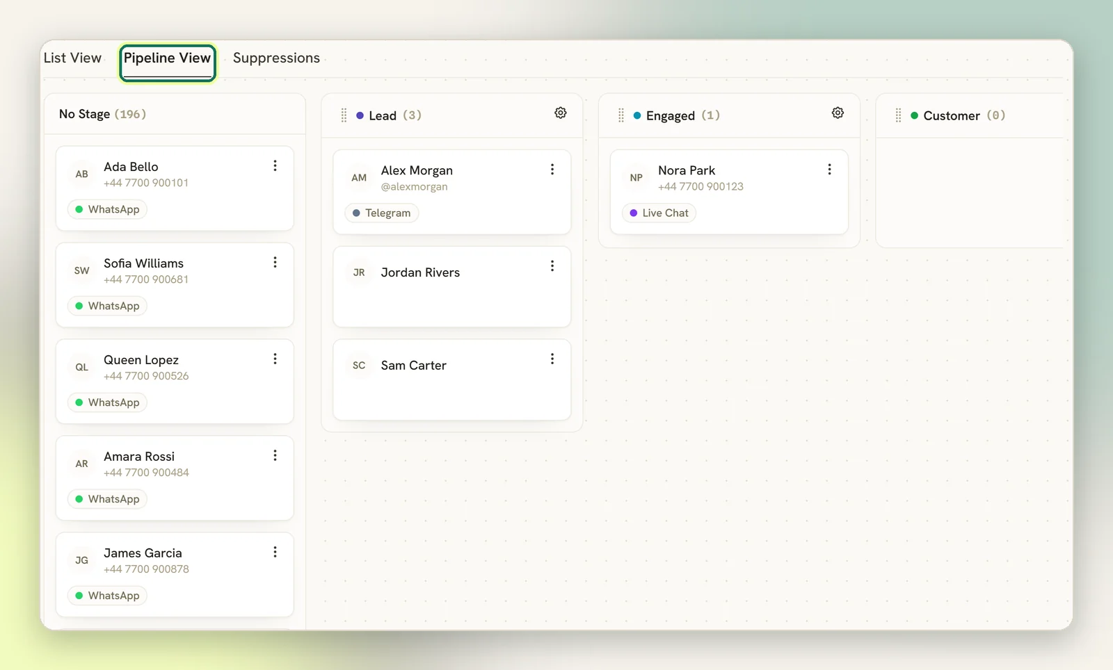 The Pipeline View with No Stage, Lead, Engaged and Customer columns and contact cards in them