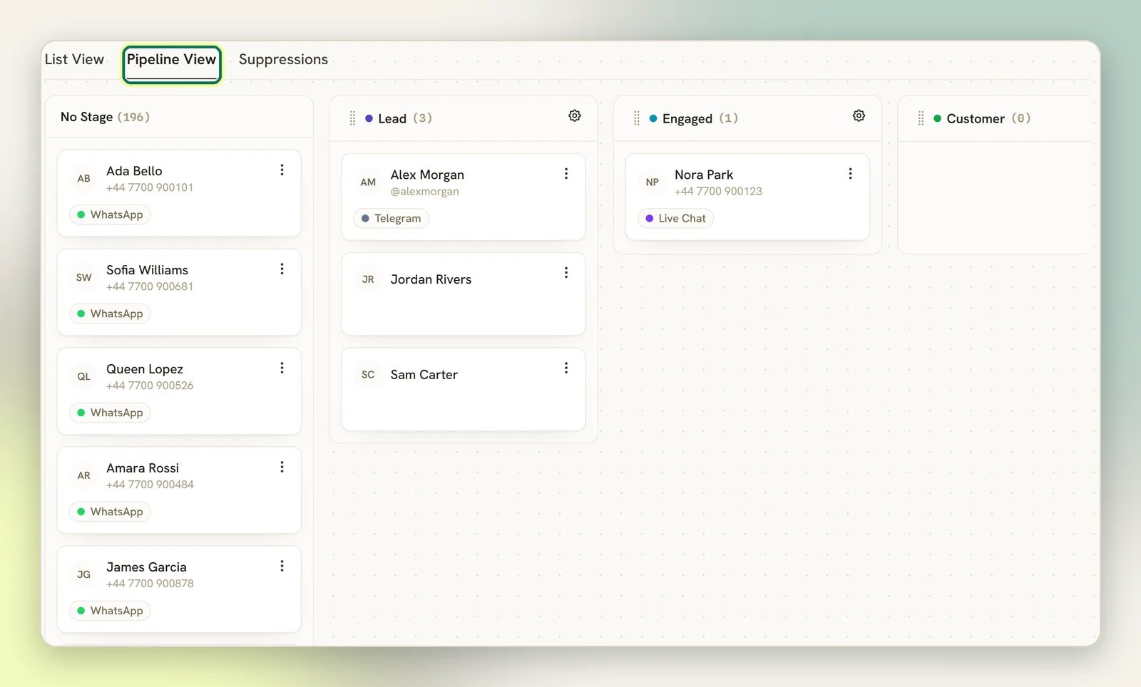 The Pipeline View with No Stage, Lead, Engaged and Customer columns and contact cards in them