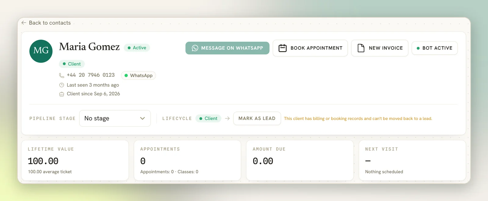 A client's profile header with name, Client badge, phone, Message on WhatsApp, Book appointment and Bot active buttons, the pipeline stage and lifecycle row, and four metric tiles