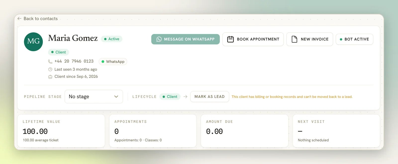 A client's profile header with name, Client badge, phone, Message on WhatsApp, Book appointment and Bot active buttons, the pipeline stage and lifecycle row, and four metric tiles