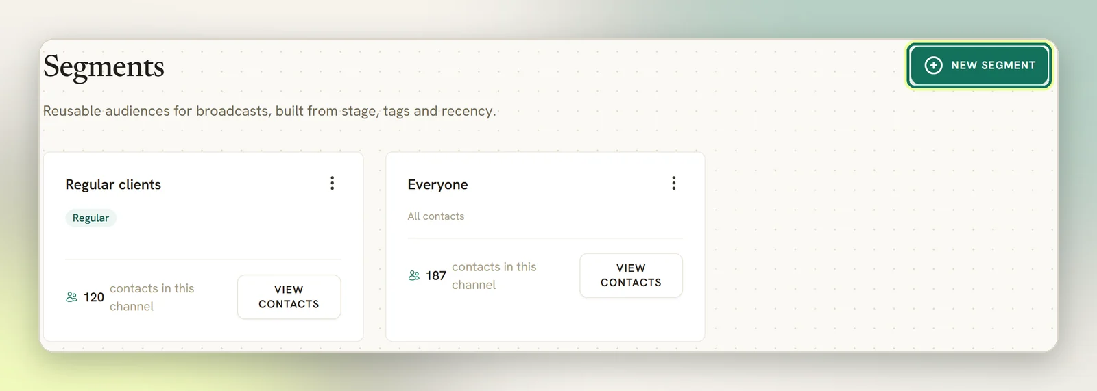 The Segments page with two saved segments and their contact counts, and the New segment button highlighted