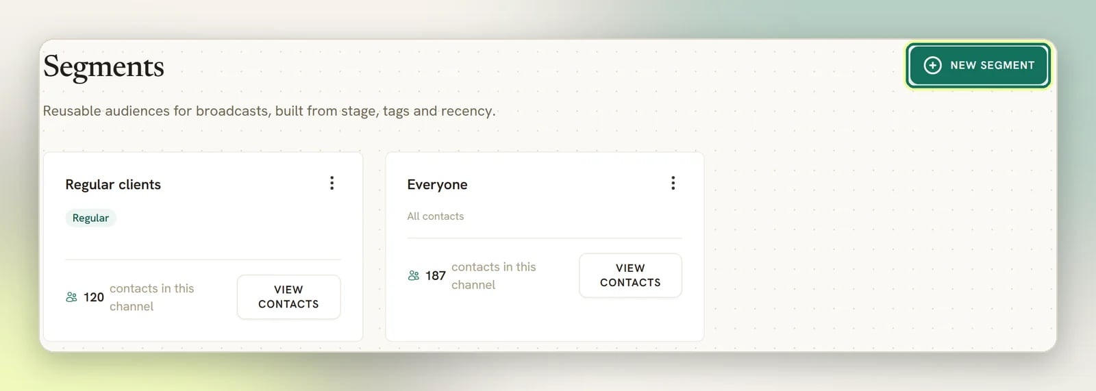The Segments page with two saved segments and their contact counts, and the New segment button highlighted