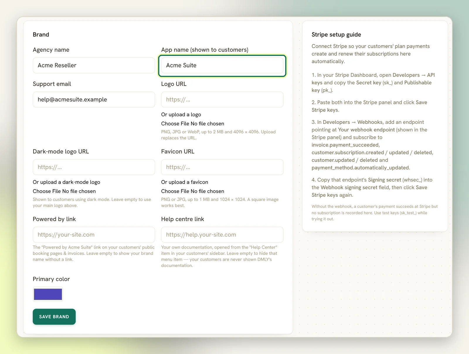 The Brand section of the agency Settings page with App name (shown to customers) highlighted, among the agency name, support email, logo, favicon, link and colour fields